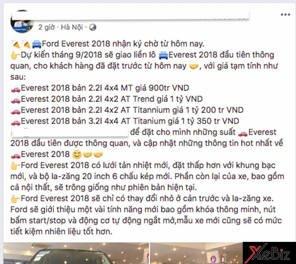 Đại lý nhận đặt cọc và tiết lộ giá bán tạm tính của Ford Everest 2018 tại Việt Nam