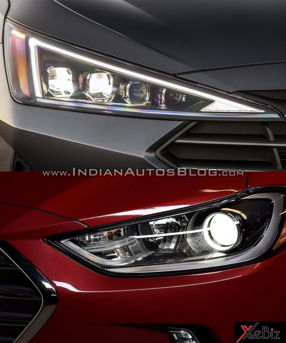 Cụm đèn pha của Hyundai Elantra mới (trên) và cũ Cụm đèn pha của Hyundai Elantra mới (trên) và cũ