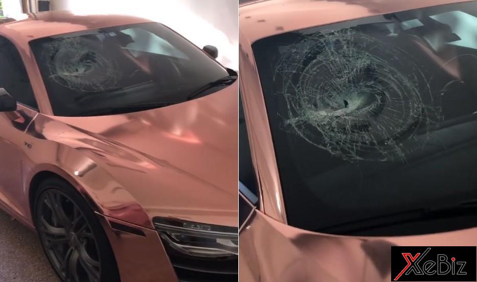 Kính chắn gió bị thủng một lỗ của chiếc Audi R8 V10