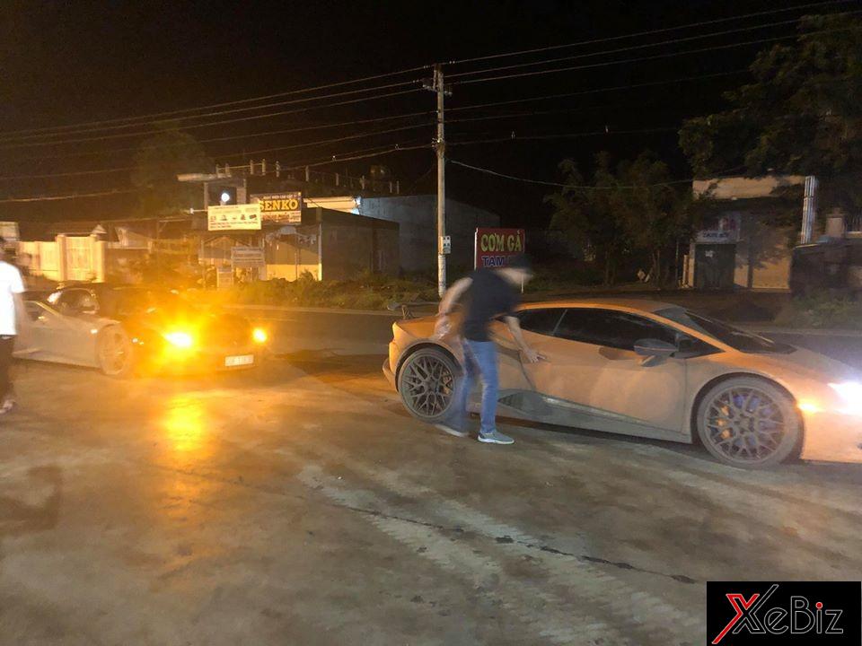 Dàn siêu xe Car & Passion xếp hàng chuẩn bị đổ xăng. Trong ảnh là 2 kỳ phùng địch thủ Lamborghini Huracan LP610-4 và Ferrari 488 GTB.