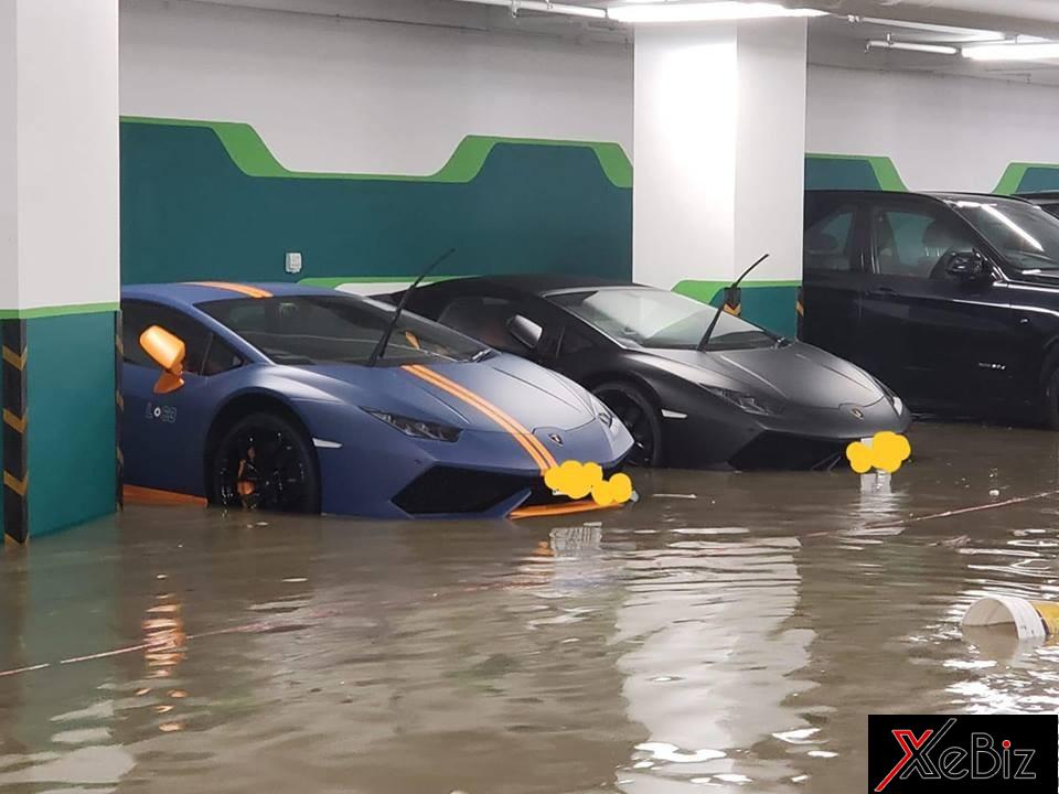 2 chiếc Lamborghini Huracan bị nước lũ bao vây tại hầm đỗ xe ở Hong Kong