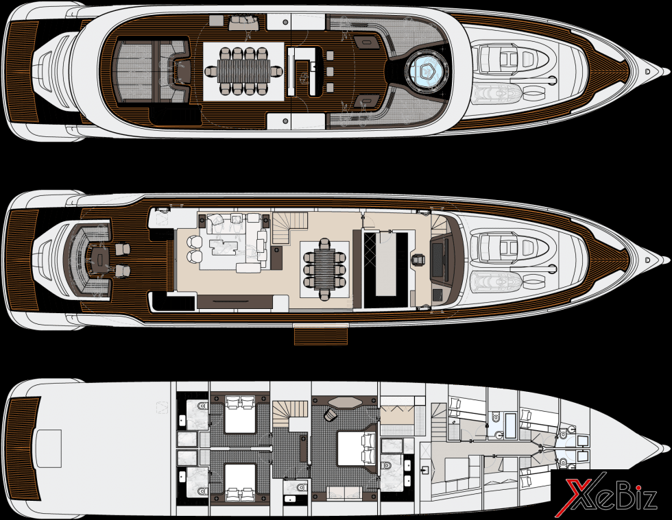 Sơ đồ thiết kế với 3 tầng riêng biệt cùng nhiều tiện nghi hiện đại trên chiếc siêu du thuyền GTT 115.